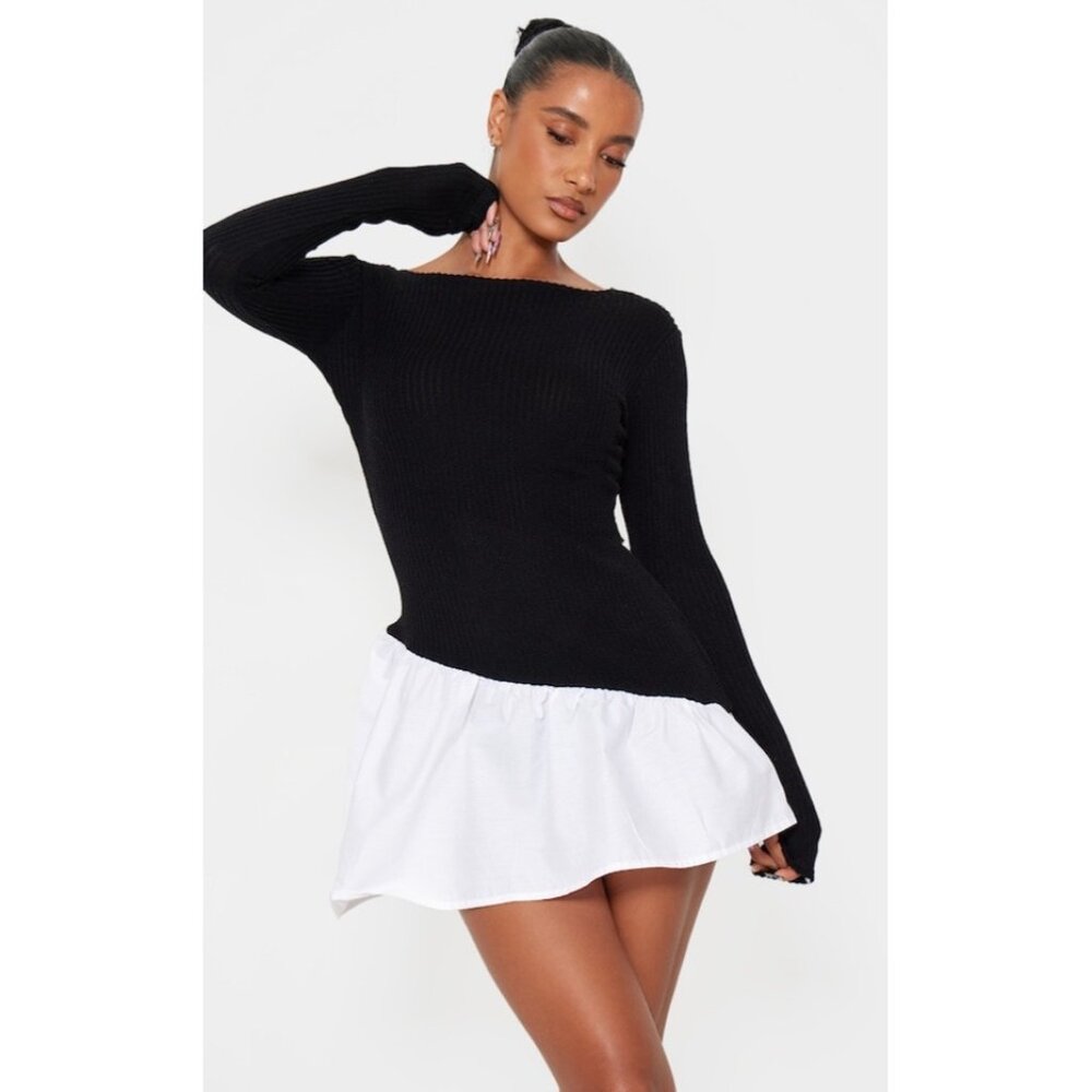 NWT PrettyLittleThing Navy Brushed Rib Asymmetric Ruffle Mini Dress Skater Style - Picture 16 of 16